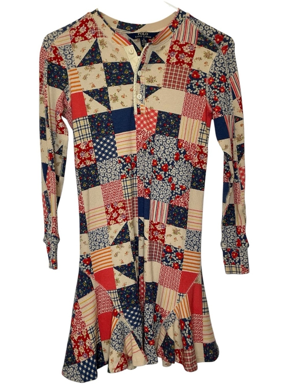 Polo by Ralph Lauren Girl's Rowie Mixed Print Patchwork Henley Flared Dress 8-10